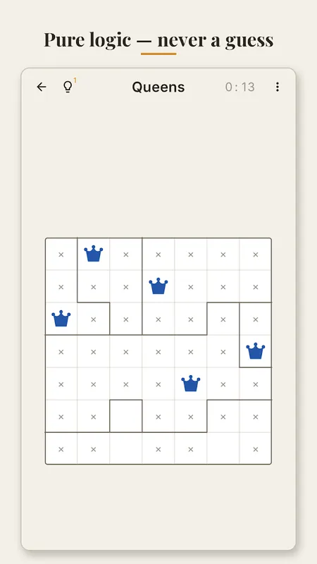 A Queens puzzle with blue crowns on the grid