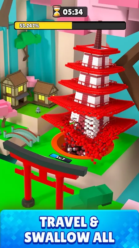 A hole swallows a red pagoda in a Japanese town