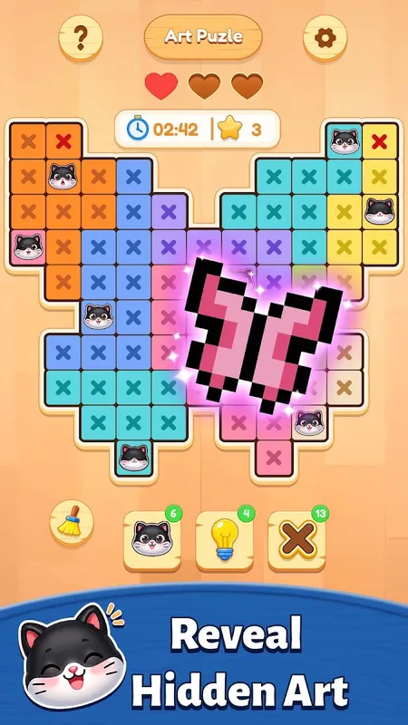 A heart-shaped puzzle board reveals a pink butterfly